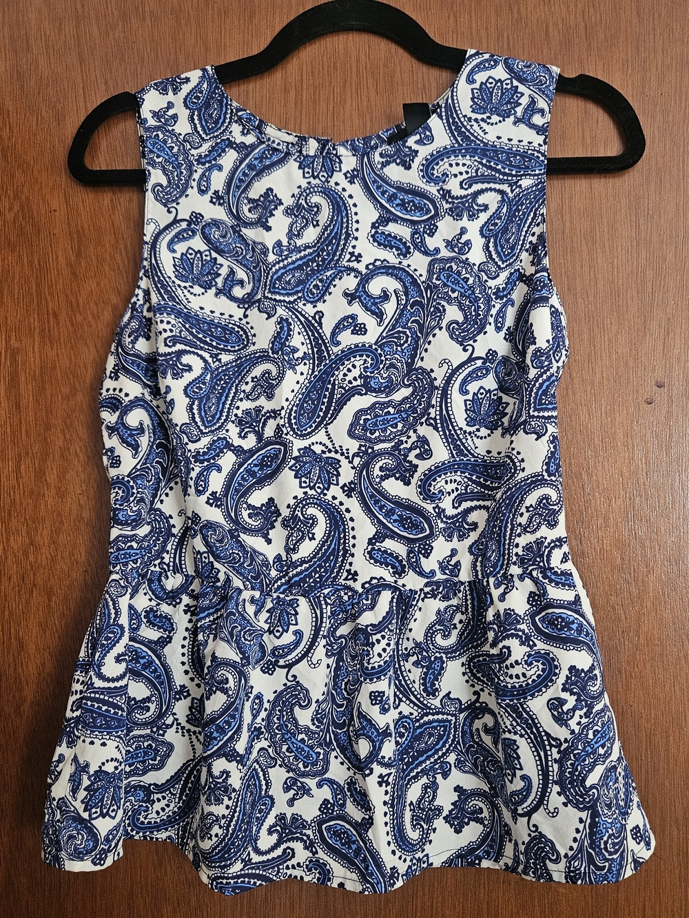 Forever 21 White and Blue Paisley Peplum Tank